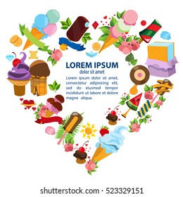 Ice cream and sweets. The frame in the form heart of the desserts with space for text. Design for promotions cafe, template ready to print.
