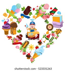 Ice cream and sweets. The frame in the form heart of the desserts. Ice cream seller. Design for promotions cafe, template ready to print.