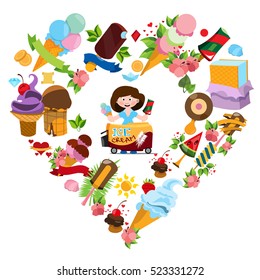 Ice cream and sweets. The frame in the form heart of the dessertst. Saleswoman ice cream. Design for promotions cafe, template ready to print.
