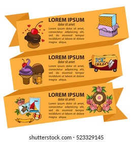Ice cream and sweets horizontal banner with space for text. Tape, a flyer for promotions cafe, template ready to print.