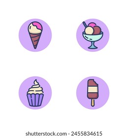 Ice cream and sweets line icon set. Scoop ice cream in cone and on stick, three bubbles in glass, cupcake. Ice cream and desserts concept. Vector illustration for web design and apps