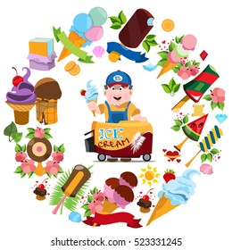 Ice cream and sweets. Round frame of desserts with. Ice cream seller. Design for promotions cafe, template ready to print.