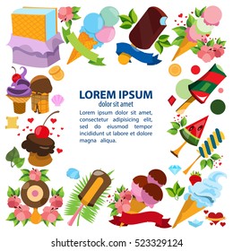 Ice cream and sweets. Square frame of desserts with space for text. Design for promotions cafe, template ready to print.