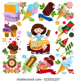 Ice cream and sweets. Square frame of desserts. Saleswoman ice cream. Design for promotions cafe, template ready to print.