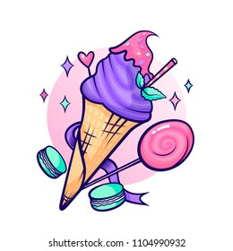 Ice cream and sweets. Sticker in vector.