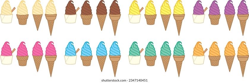 Ice cream swirl in cup and cones separated isolated color. Orange mint mango yam chocolate blueberry strawberry vanilla, Vector illustration on white background. Cute simple minimalist style. Sticker