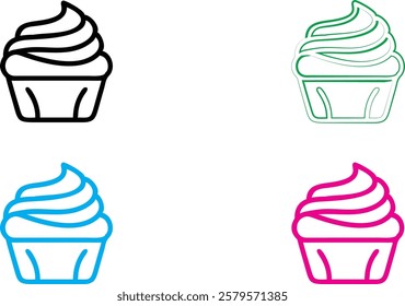 Ice cream swirl, minimalist design, line art, colorful variations, white background, simple shapes, graphic illustration, dessert icon, flat vector style, pink blue green black outlines, soft serve co