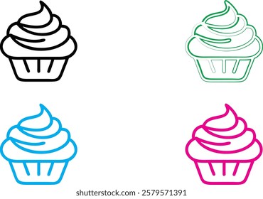 Ice cream swirl, minimalist design, line art, colorful variations, white background, simple shapes, graphic illustration, dessert icon, flat vector style, pink blue green black outlines, soft serve co