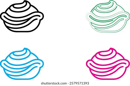 Ice cream swirl, minimalist design, line art, colorful variations, white background, simple shapes, graphic illustration, dessert icon, flat vector style, pink blue green black outlines, soft serve co