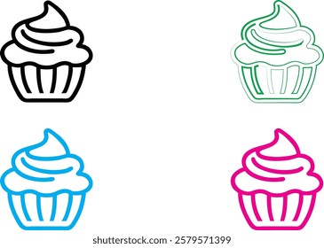 Ice cream swirl, minimalist design, line art, colorful variations, white background, simple shapes, graphic illustration, dessert icon, flat vector style, pink blue green black outlines, soft serve co