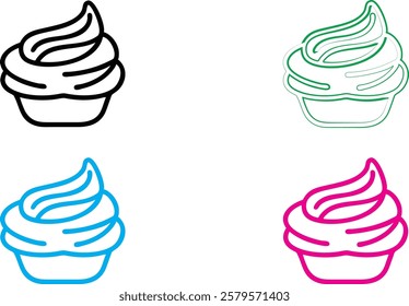 Ice cream swirl, minimalist design, line art, colorful variations, white background, simple shapes, graphic illustration, dessert icon, flat vector style, pink blue green black outlines, soft serve co