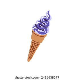 Ice cream swirl in waffle cone. Delicious icecream, tasty sundae. Frozen milk dessert, treat. Cold summer food for refreshment. Flat isolated hand drawn vector illustration on white background