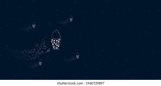 A ice cream symbol filled with dots flies through the stars leaving a trail behind. Four small symbols around. Empty space for text on the right. Vector illustration on dark blue background with stars