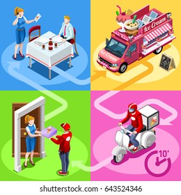 Ice Cream Take Away Food Truck And White Car Or Van For Fast Home Delivery Vector Infographic. Isometric People Delivery Man Processing Online Order At The Client Customer Door