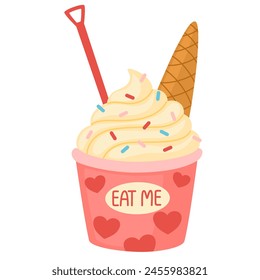 Ice cream in takeaway paper cup. Cold frozen dessert, sweet dairy snack in cardboard mug, bucket. Ice cream served, decorated with sprinkles. Flat vector illustration isolated on white background