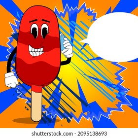 Eis Cream spricht auf dem Handy. Sommerliche Erfrischung, süßes Essen als Cartoon-Charakter mit Gesicht.