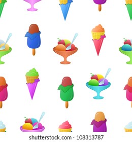 Ice cream tasty dessert of various colors, isolated on white background, seamless. Vector