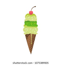 Ice cream tasty green dessert in waffle cone, sweet food with berry icon. Travelling, beach vacation symbol Summer holiday poster, banner design element. Isolated vector cartoon illustration