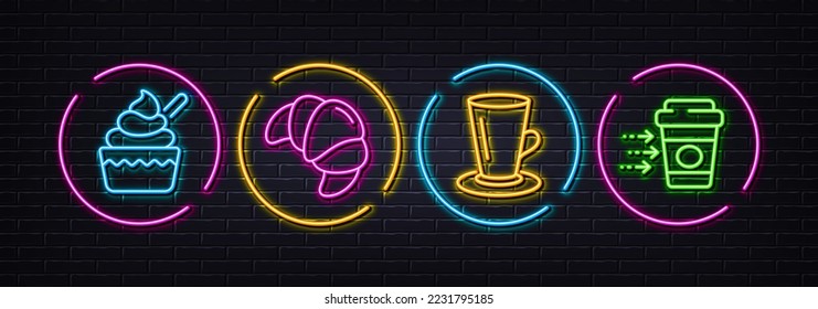 Ice cream, Teacup and Croissant minimal line icons. Neon laser 3d lights. Coffee delivery icons. For web, application, printing. Sundae cup, Tea or latte, Fresh bakery. Soft beverage. Vector