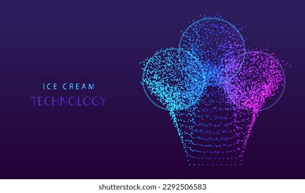 Ice cream technology concept. Particles dots glowing abstract background. Neon splash surface shapes design. Modern food restauarant banner vector.