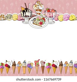 Ice cream template. Hand Drawn. Card for birthday, anniversary, party invitations. Vector illustration.