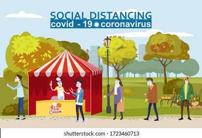 Ice cream tent characters mans and womans stand in line for ice cream. Social distancing and from COVID-19 coronavirus outbreak spreading concept prevention. Maintain a safe distance 2 meters from