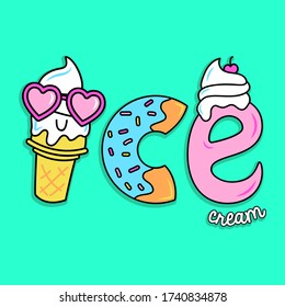 ICE CREAM TEXT, ICE CREAM CONE WITH SUNGLASSES, DONUT VECTOR, SLOGAN PRINT VECTOR