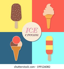 ice cream text and illustrations, abstract summery retro label, flat design, vector