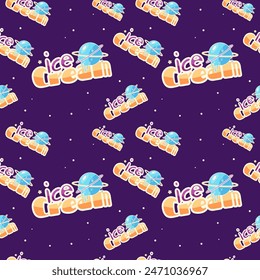 Ice cream text logo seamless pattern vector design, blue pattern for design banner branding in cosmic cartoon style design for paper, packaging cup