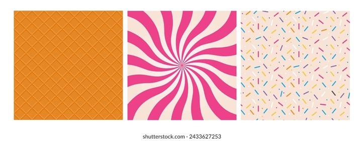 Ice cream texture. Seamless wafer and gelato pattern. Decorative waffle cone wallpaper, swirl pink cream, sweet background. Abstract dessert vector. Milk twist candy, colorful sprinkles