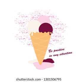 Ice cream that melts. Be positive in any situation. Flat colored vector illustration.