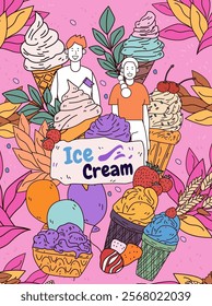 Ice cream theme with colorful cones and people surrounded by leaves and balloons on a pink background dessert concept playful design