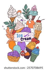 Ice cream theme colorful cones and scoops with people leaves balloons and berries in a playful composition. Perfect for website design or banners