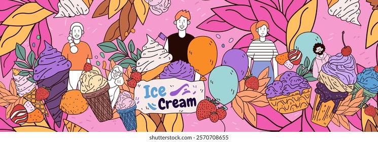 Ice cream theme colorful playful design features smiling people surrounded by various ice cream cones leaves and balloons on a vibrant pink background