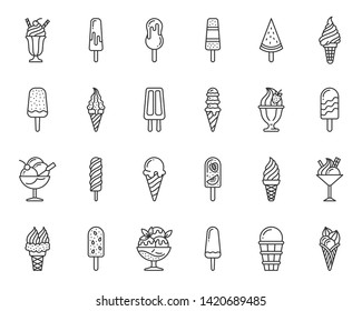 Ice cream thin line icons set. Outline web sign kit of icecream. Cone sundae linear icon. Summer sweet cold fruit food lolly dessert. Simple black contour symbol isolated on white vector Illustration