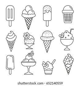 Ice cream: thin monochrome icon set, black and white kit