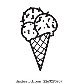 Ice cream. Three balls. Cartoon style. Hand drawn line art vector illustration isolated on white background.