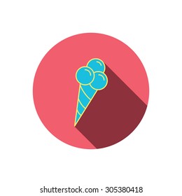 Ice cream with three balls icon. Sweet dessert sign. Red flat circle button. Linear icon with shadow. Vector