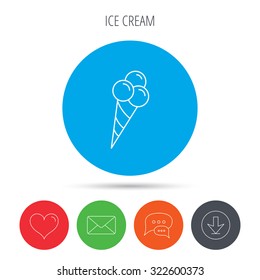 Ice cream with three balls icon. Sweet dessert sign. Mail, download and speech bubble buttons. Like symbol. Vector