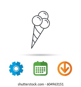 Ice cream with three balls icon. Sweet dessert sign. Calendar, cogwheel and download arrow signs. Colored flat web icons. Vector