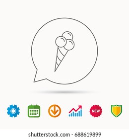 Ice cream with three balls icon. Sweet dessert sign. Calendar, Graph chart and Cogwheel signs. Download and Shield web icons. Vector
