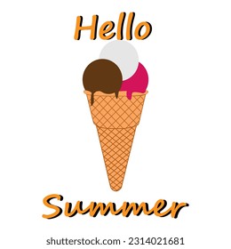 Ice cream with three balls and the inscription Hello Summer on a white background. Vector illustration