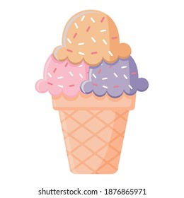 ice cream with three balls of purple, pink and orange color with sprinkles on the top in a cone vector illustration design