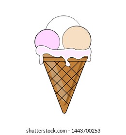 Ice cream with three balls in a waffle cup. Ice cream cone on white background. Vector illustration, cold ice cream.