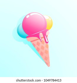Ice cream with three colored balls in a waffle horn. Delicious summer food. Vector cartoon illustration