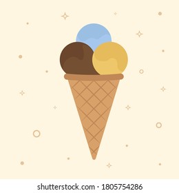 Ice cream. Three colorful balls of ice cream in a waffle cone. Vector illustration in flat style