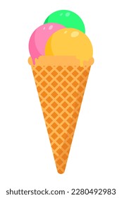 Ice cream three scoops in a cone. Strawberry, mint and vanilla ice cream in a cone. Design for posters, menus, cafes.