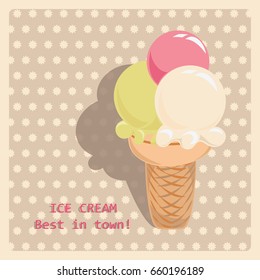 Ice cream. Three-in-one. Icon. Composition on a light background with a pattern, the signature and the shadow from the ice cream. Print design on paper, and the design of packaging materials.