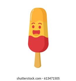 Ice cream three-layer with strawberry, mango on a wooden stick. The fruit ice frozen. Summer sweet delicacy for children. With the smiling mug. In flat style a vector. An eskimo on a stick cartoon.