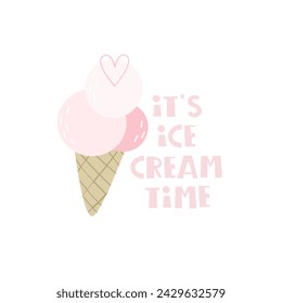 Es ist Eiszeit: Cartoon-Eis, Handzeichnung und Schriftzug. Sommerfarbige Vektor-Illustration, flacher Stil. Design für Karten, Druck, Plakate, Logo, Cover
